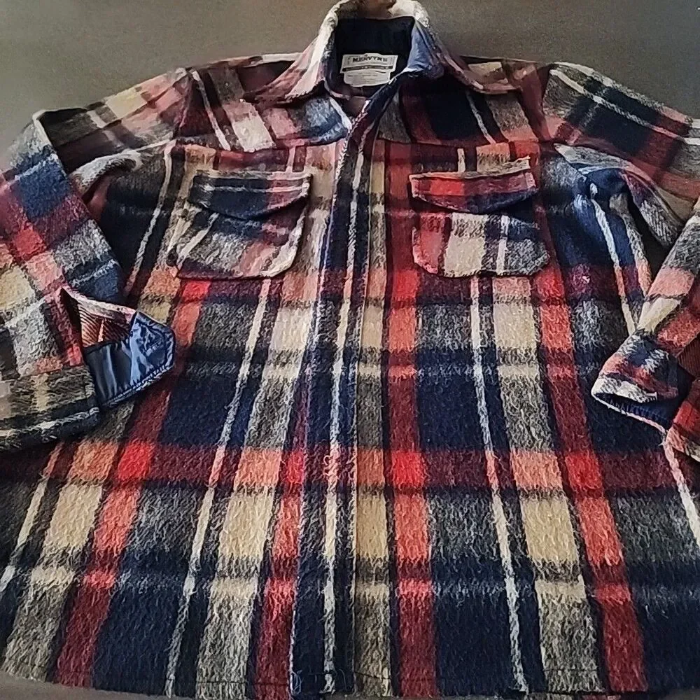 Men's Vintage Heavy weight Flannel Jacket Shirt Mervyn's Red Blue  NO BUTTONS